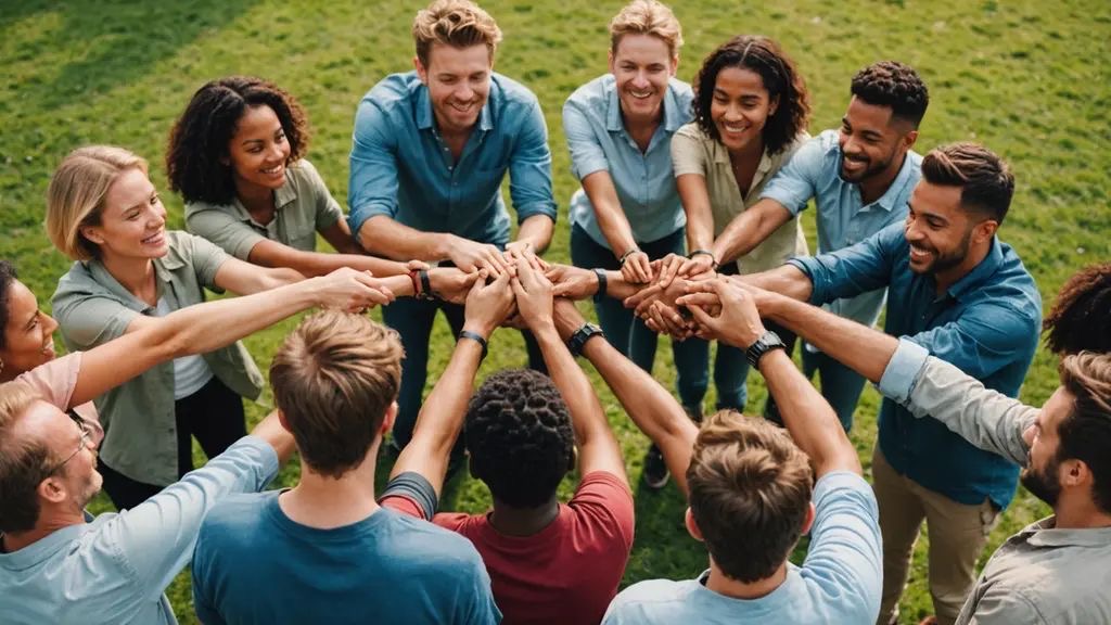 A team joining hands in a circle